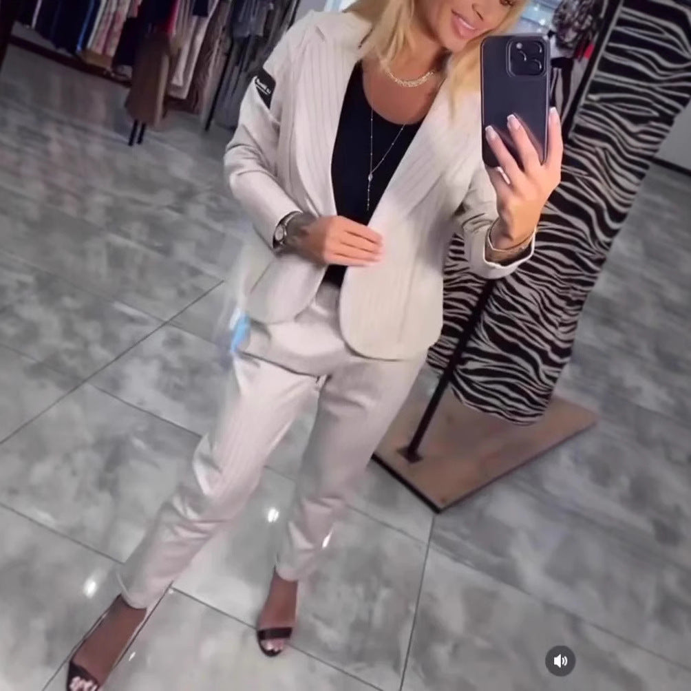 Women's Elegant Pinstripe Blazer and Trouser Set