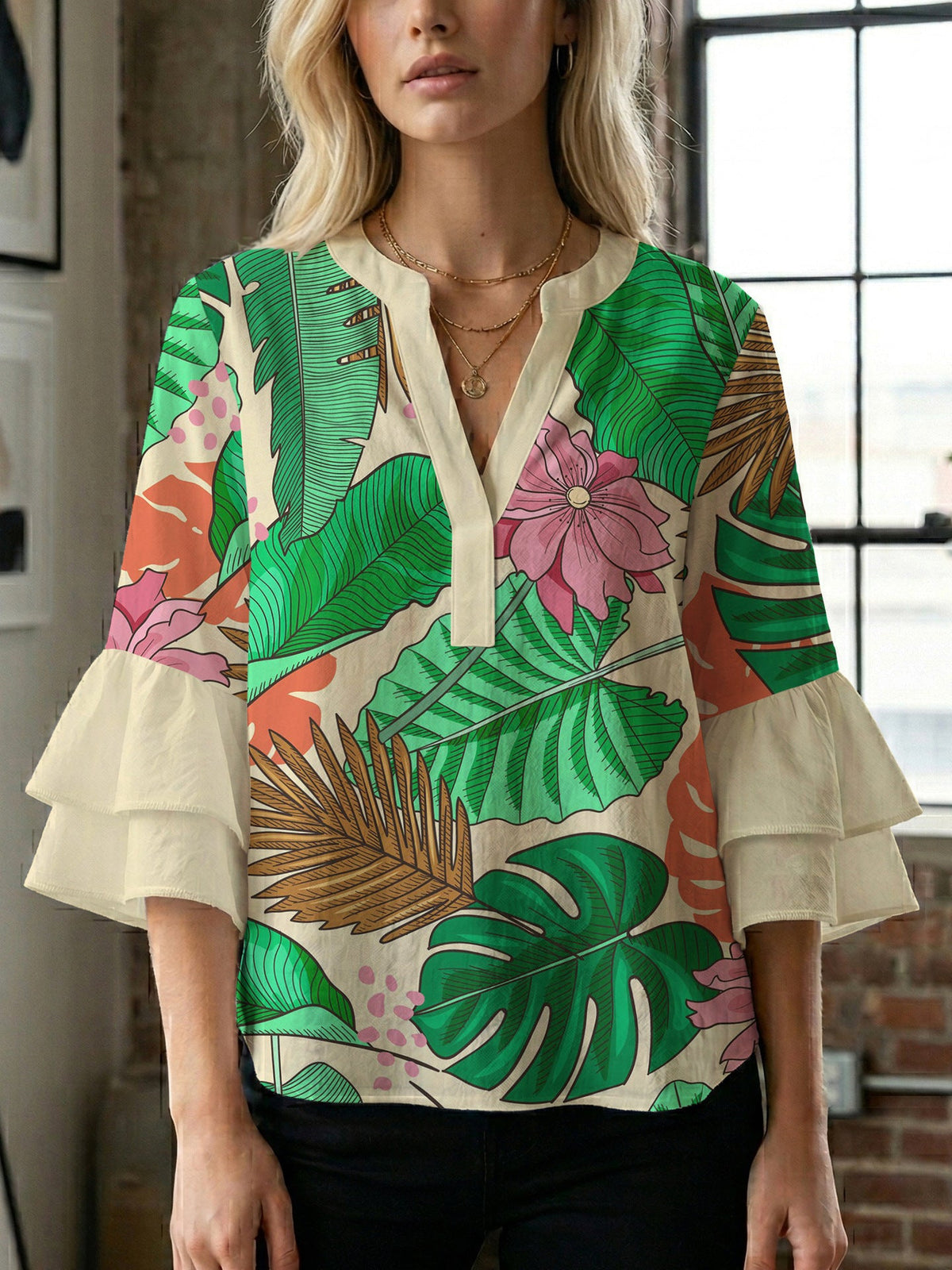 Women's Blouse with Voluminous Ruffle Sleeves and Modern Print