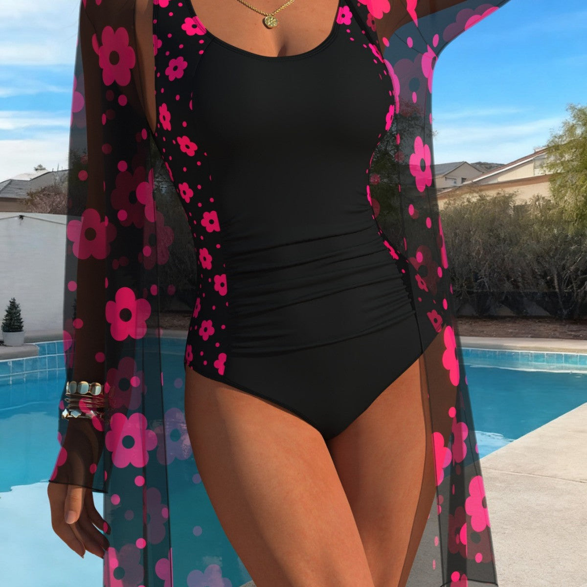 Women's Swimsuit with Leopard Print and Sheer Cover-Up