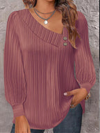 Women's Casual Blouse with Asymmetric Collar and Decorative Buttons