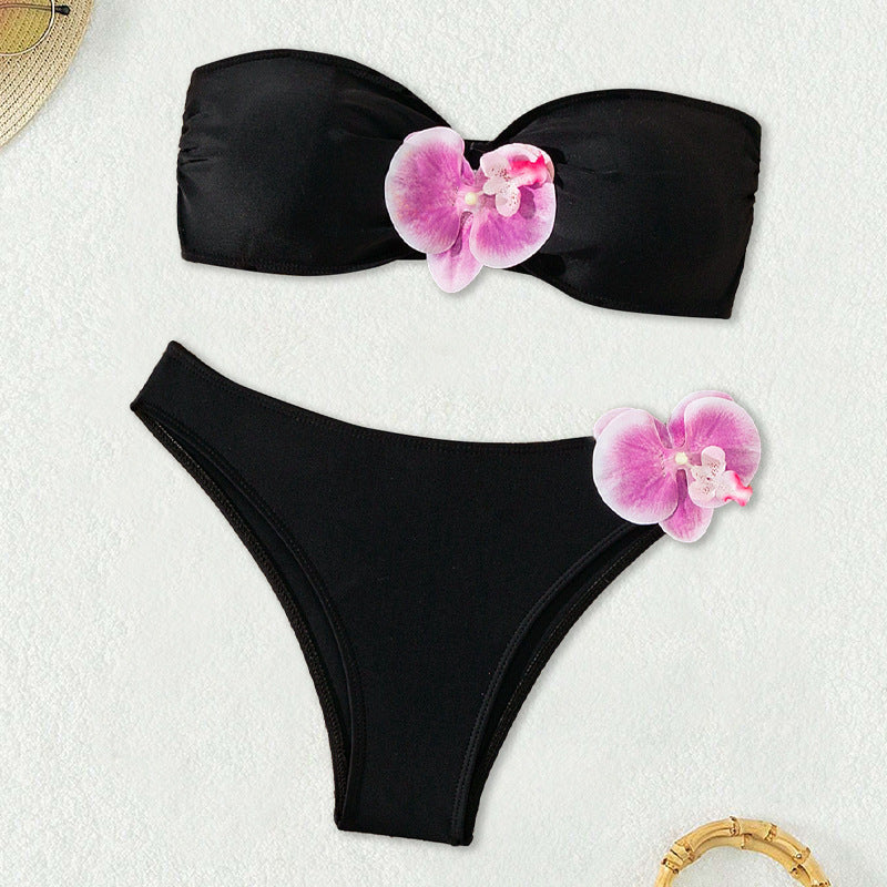 Women's Bandeau Bikini with Elegant Orchid Accents