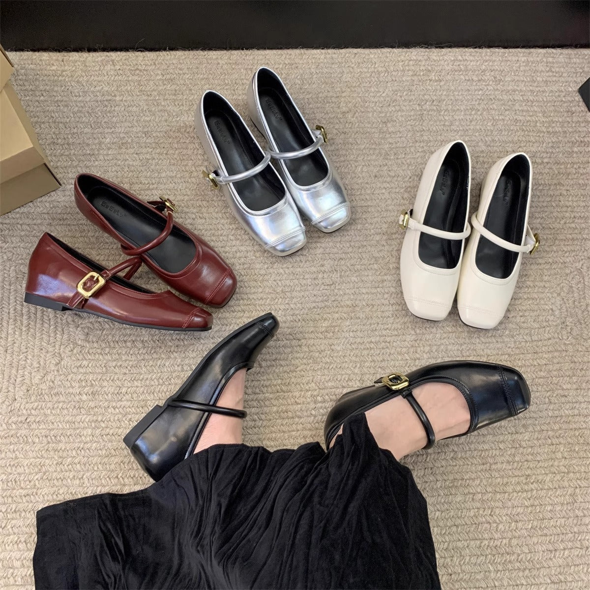Women's Ballet Flats with Elegant Buckle and Metallic Surface