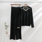 Women's Cozy Knit Loungewear Set with Contrasting Collar and Wide Leg