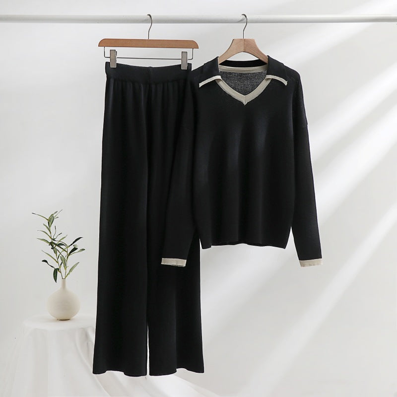 Women's Cozy Knit Loungewear Set with Contrasting Collar and Wide Leg