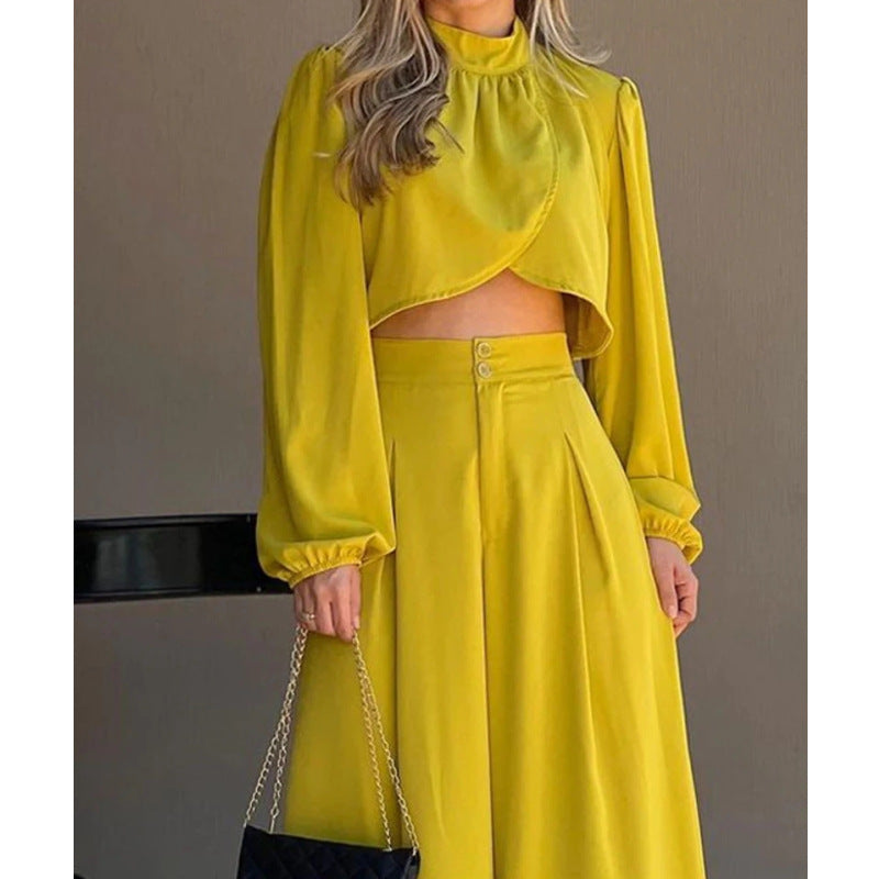 Women's Fashionable Two-Piece Set with Cropped Top and Wide-Leg Pants