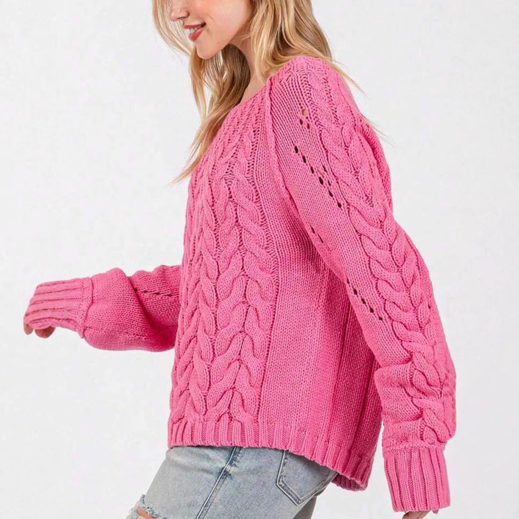 Women's Chunky Knit Sweater with Voluminous Sleeves and Fine Openwork