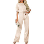 Long Jumpsuit with Tie Belt and Cap Sleeves
