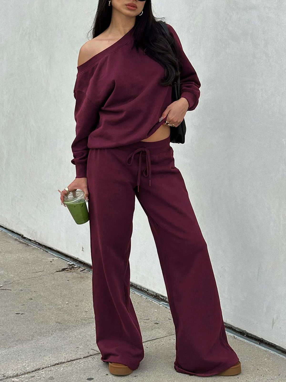 Women's Casual Off-Shoulder Lounge Set with Wide Legs and Drawstring