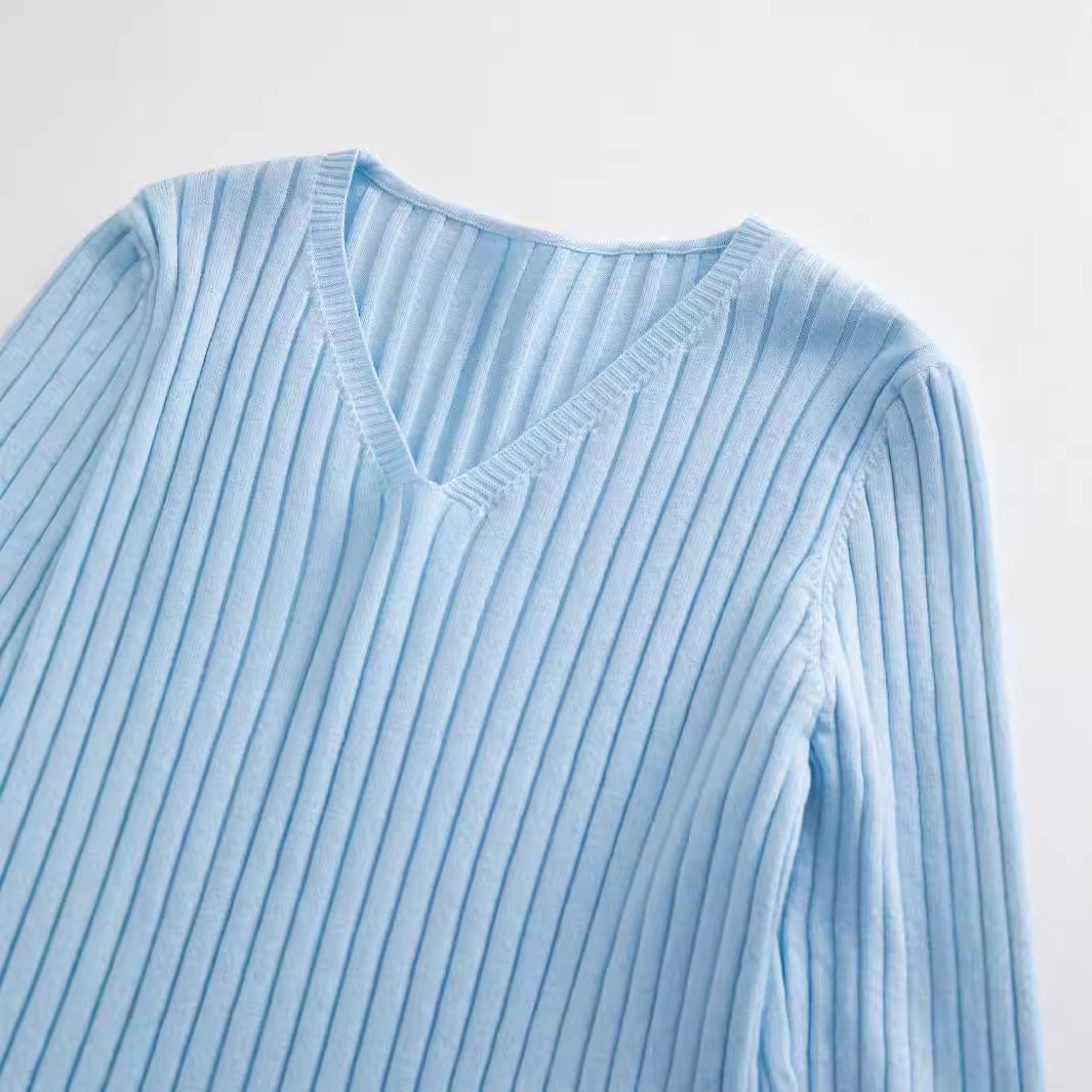 Women's V-Neck Ribbed Fine Knit Sweater