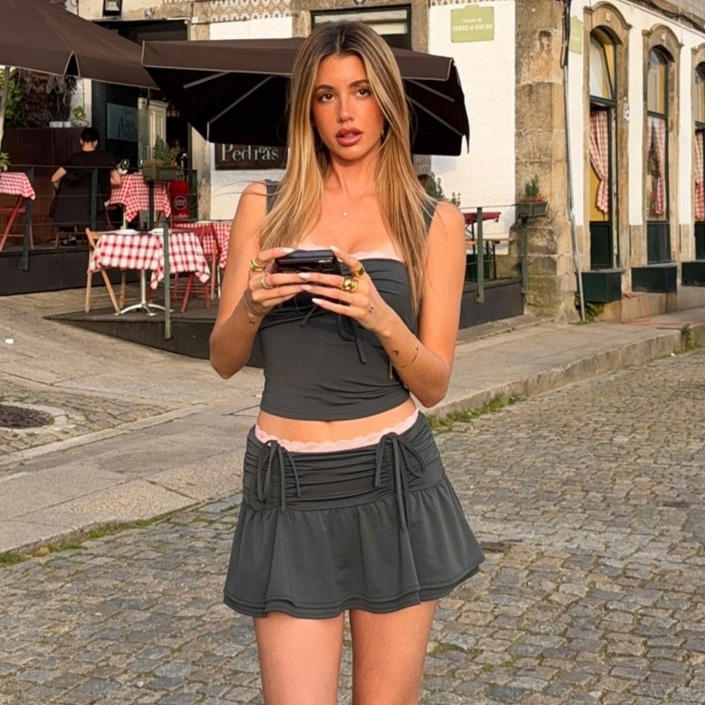 Women's Fashionable Crop Top and Skirt Set with Ruching and Tie Details