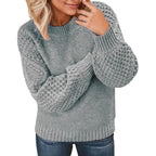 Women's Chunky Knit Sweater with Voluminous Sleeves and Textured Surface