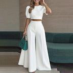 Elegant Short Puff-Sleeve Top and High-Waisted Palazzo Pants Set
