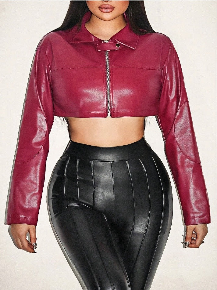 Women's Cropped Faux Leather Jacket with Innovative Zipper