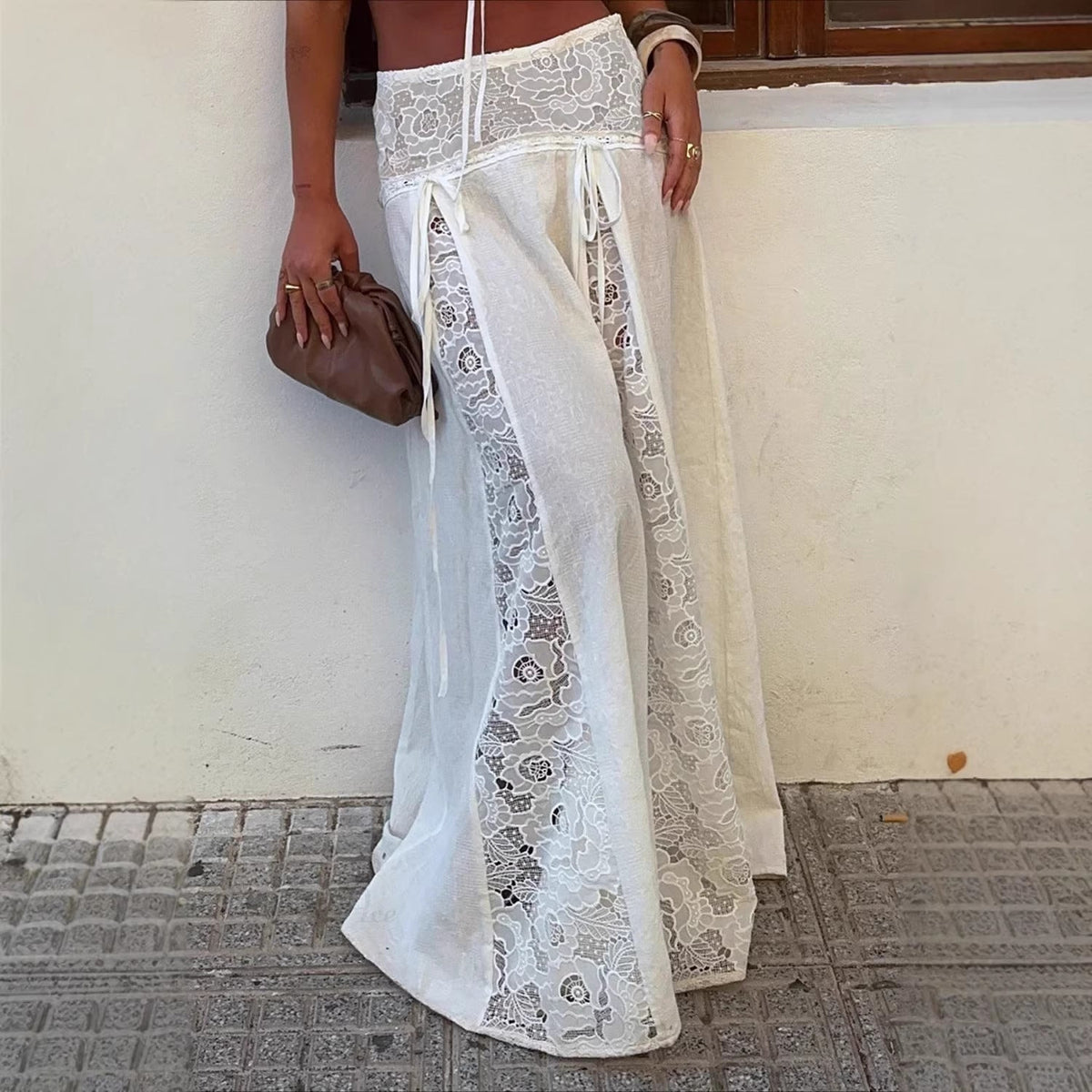 Women's Maxi Skirt with Lace Design and Side Ties