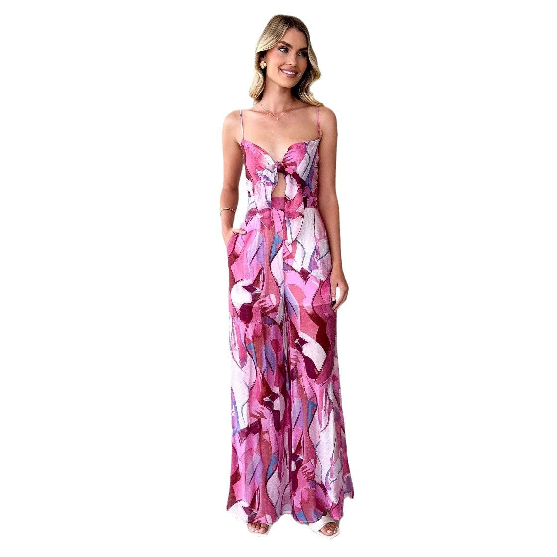 Women's Jumpsuit with Playful Knot Detail and Colorful Pattern