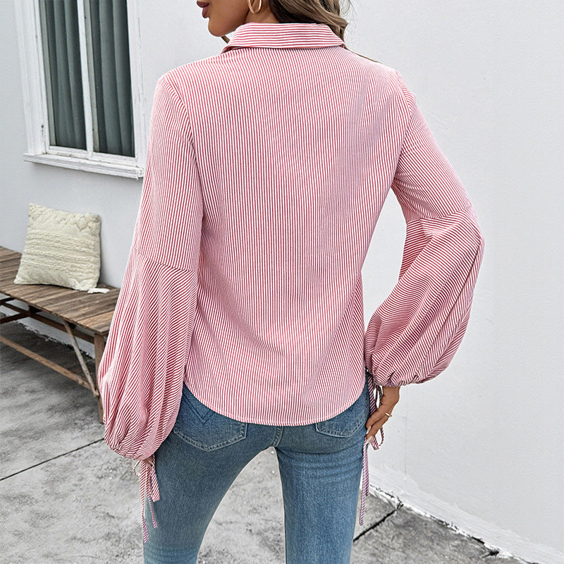 Women's Blouse with Voluminous Sleeves and Striped Design