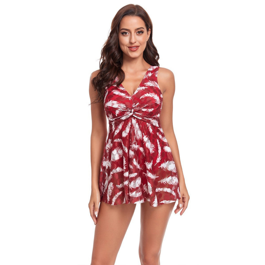 Women's Swim Dress with Floral Design and Elegant V-Neck