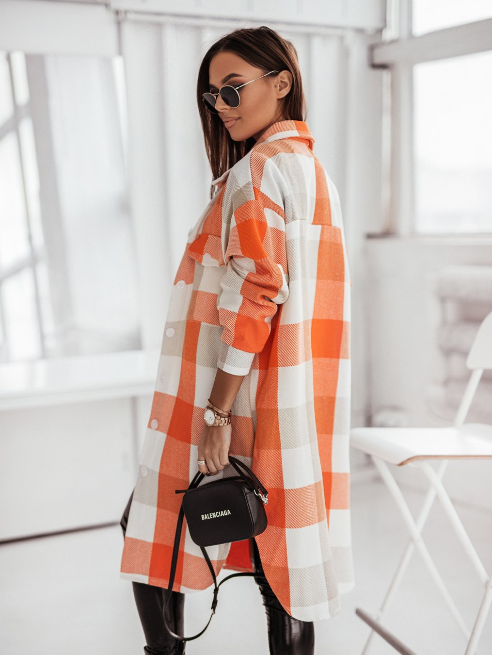 Women's Plaid Button-Front Coat with Rounded Hem