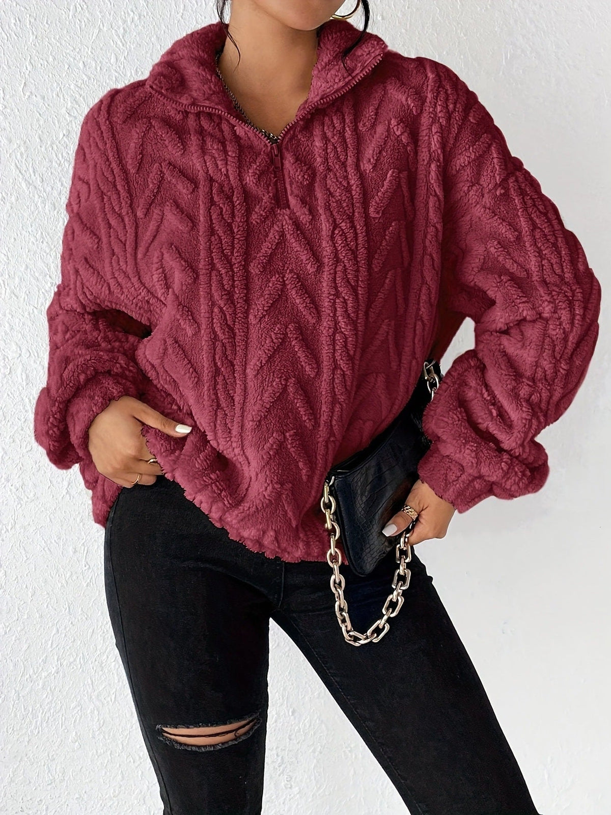 Women's High-Neck Textured Fleece Pullover