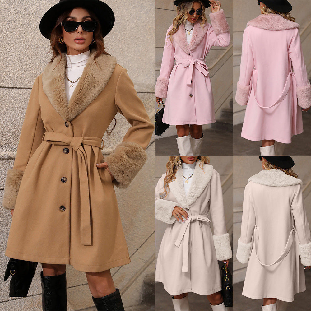 Elegant Transitional Jacket with Soft Collar and Tie Belt