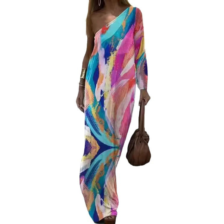 Women's Asymmetrical Maxi Dress with Colorful Art Print