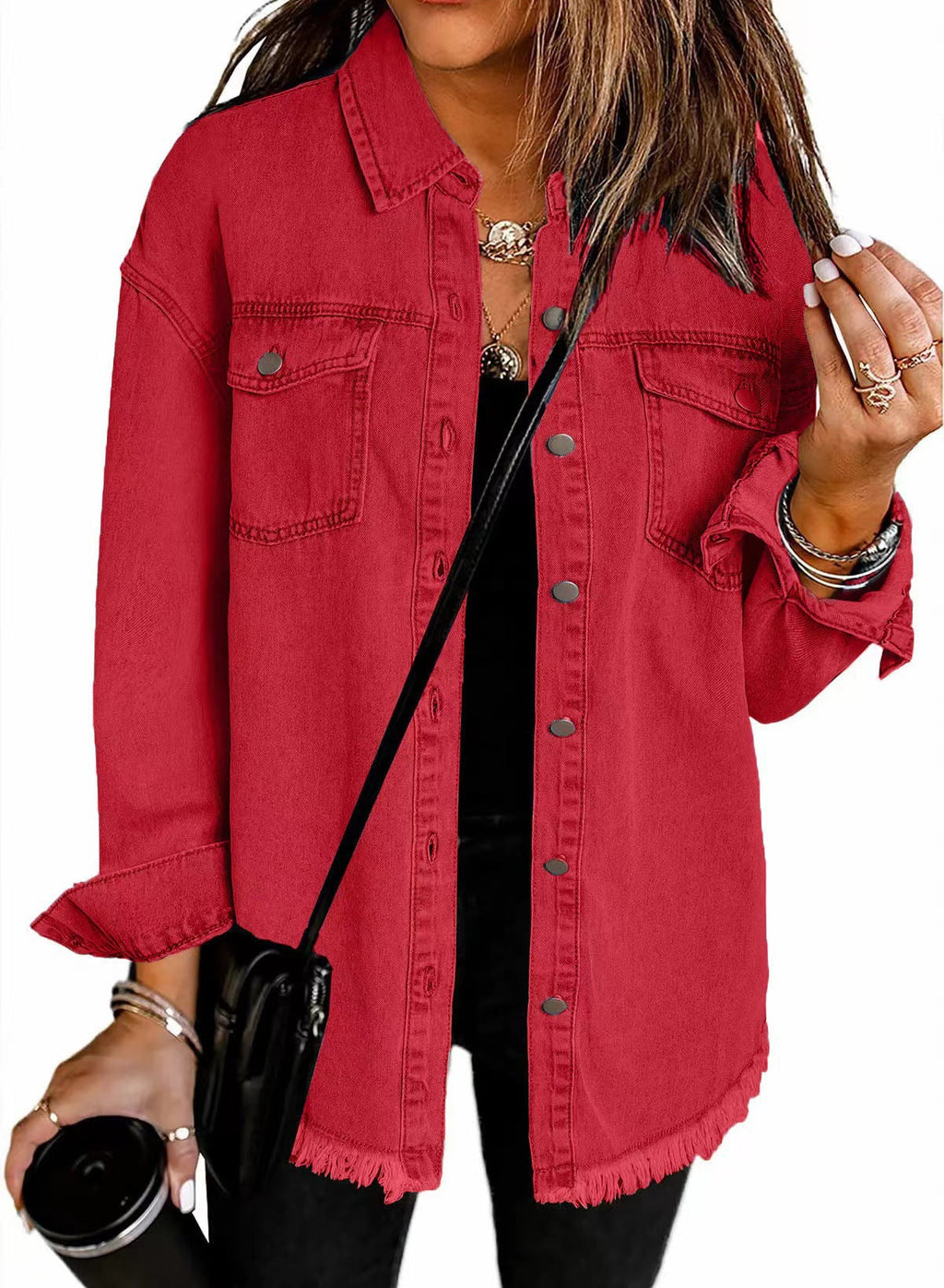 Casual Denim Shirt with Frayed Hems and Chest Pockets
