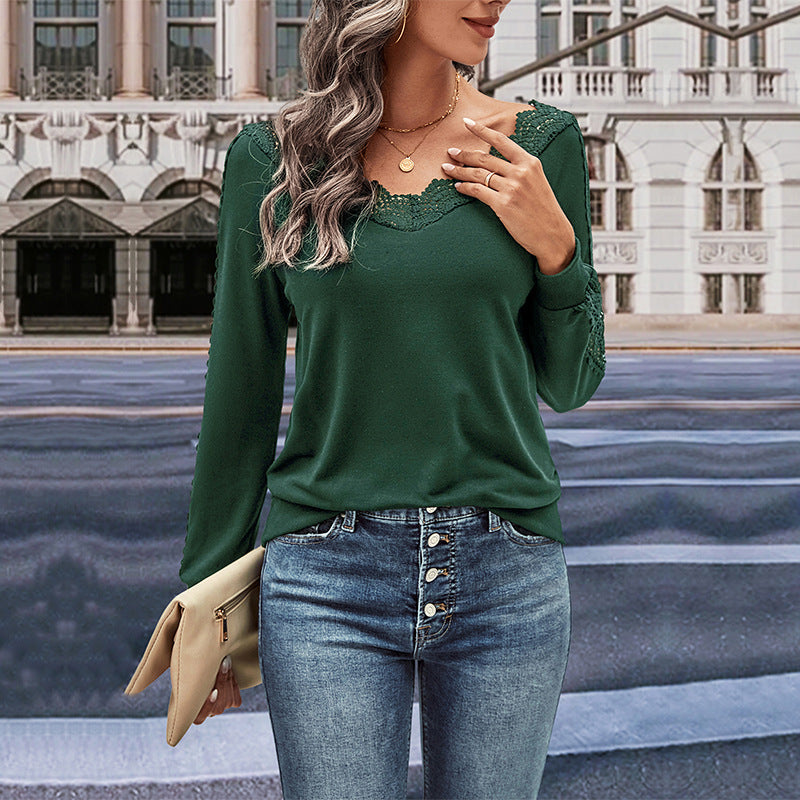 Women's Long Sleeve Blouse with Romantic Lace Trim