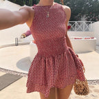 Women's Sleeveless Mini Dress with Plaid Pattern and Elastic Waist