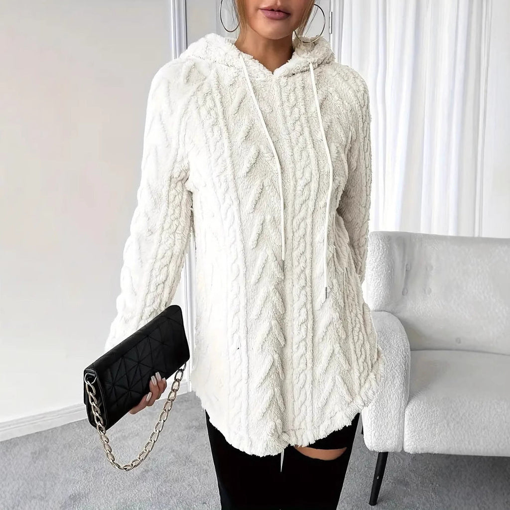 Women's Fluffy Hooded Sweater with Cable Knit Design