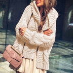 Women's Chunky Knit Cardigan with Plaid Pattern and Oversized Cut
