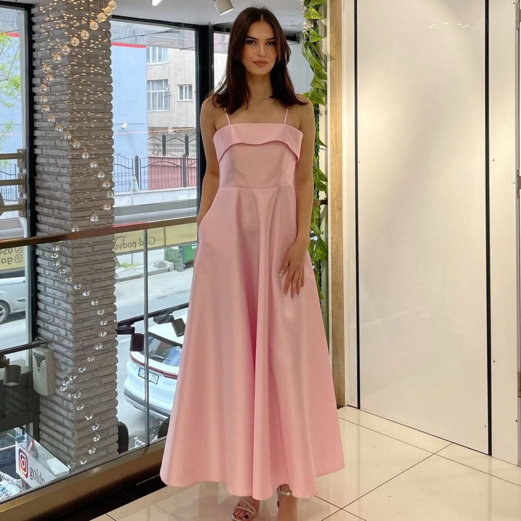 Women's Evening Dress with Fine Spaghetti Straps and Flowing Skirt