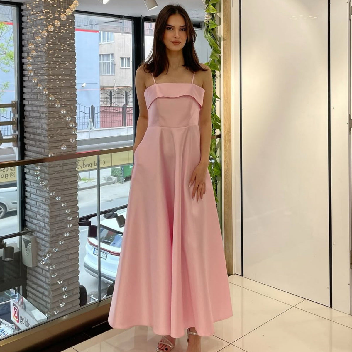 Women's Evening Dress with Fine Spaghetti Straps and Flowing Skirt