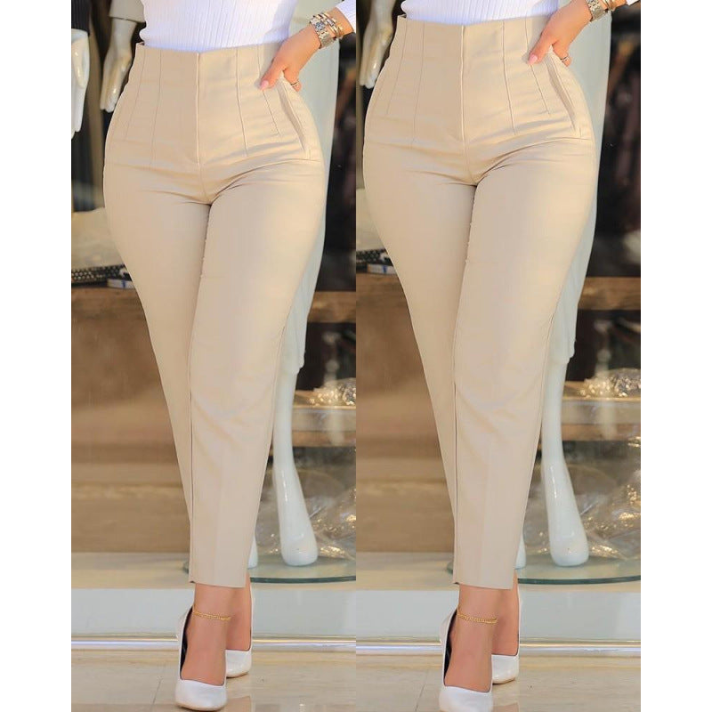 Women's High-Waisted Slimming Pants with Decorative Stitching