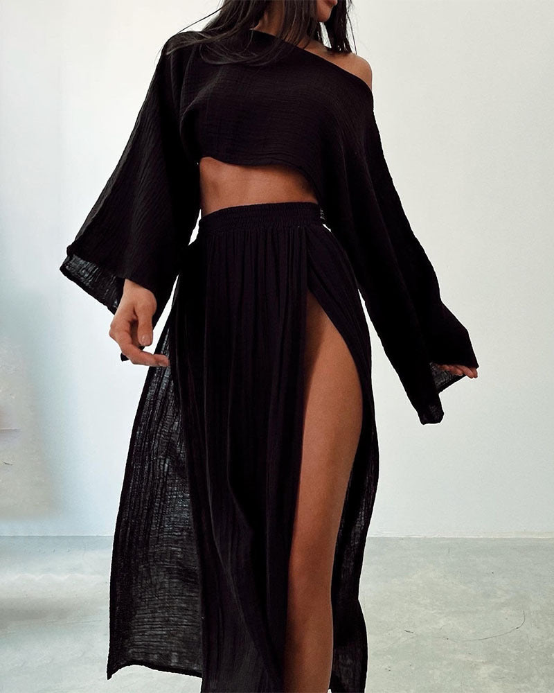 Women's Casual Two-Piece Set with Cropped Top and Maxi Skirt