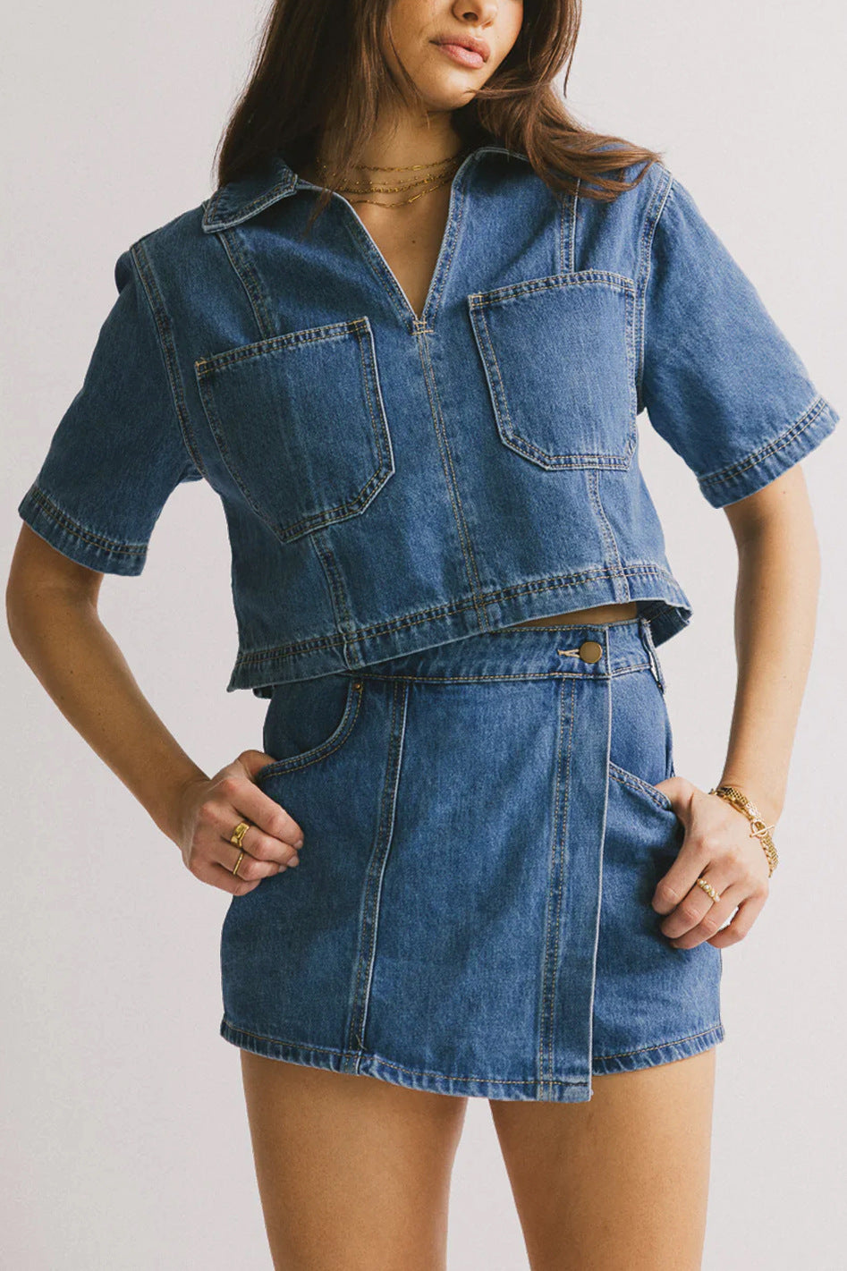 Women's Denim Crop Shirt and Skirt Set
