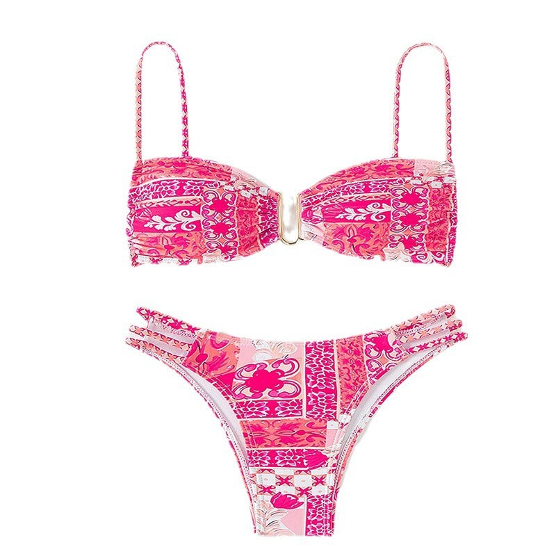 Women's Bandeau Bikini with Refined Ruffle Details and Elegant Pattern