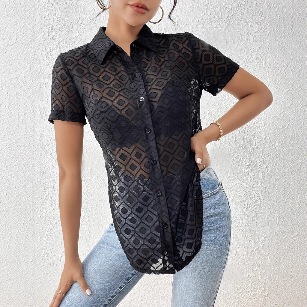 Women's Short-Sleeve Shirt with Knot Detail and Sheer Texture