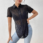 Women's Short-Sleeve Shirt with Knot Detail and Sheer Texture