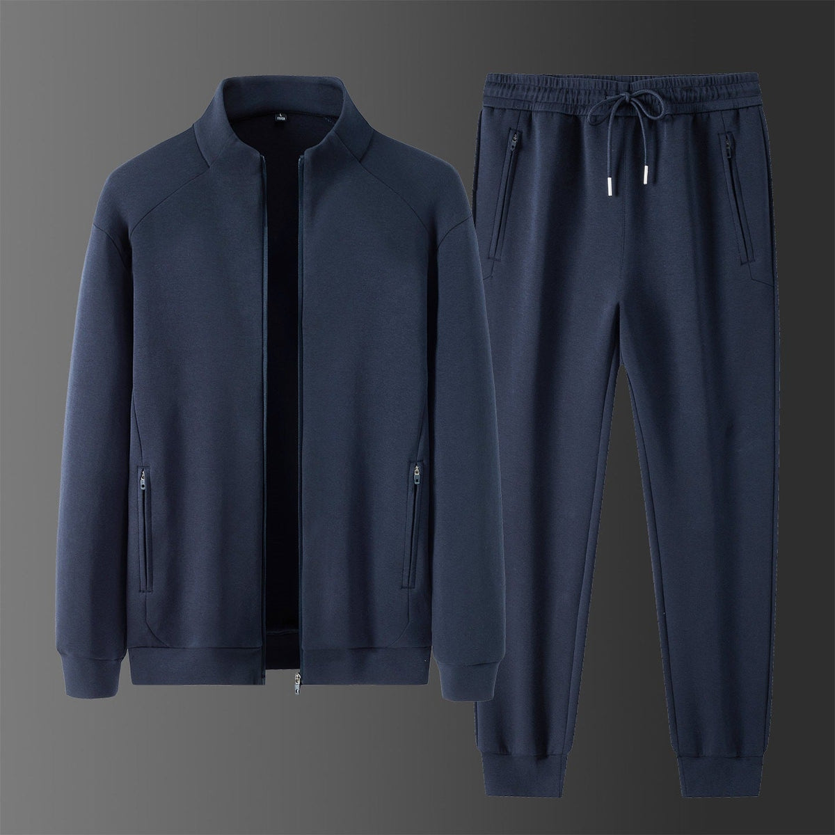 Men's two-piece minimalist jogging set with stand-up collar, two-way zipper & zip pockets