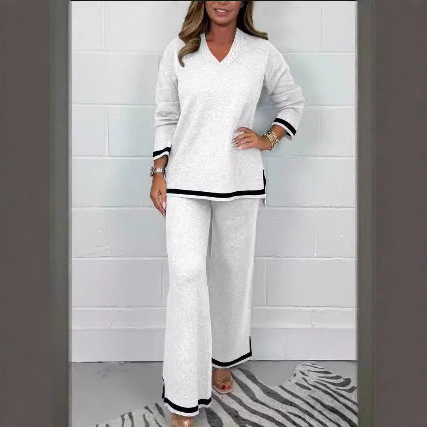 Women's Casual Knit Set with Wide Cut and Elegant Contrasts