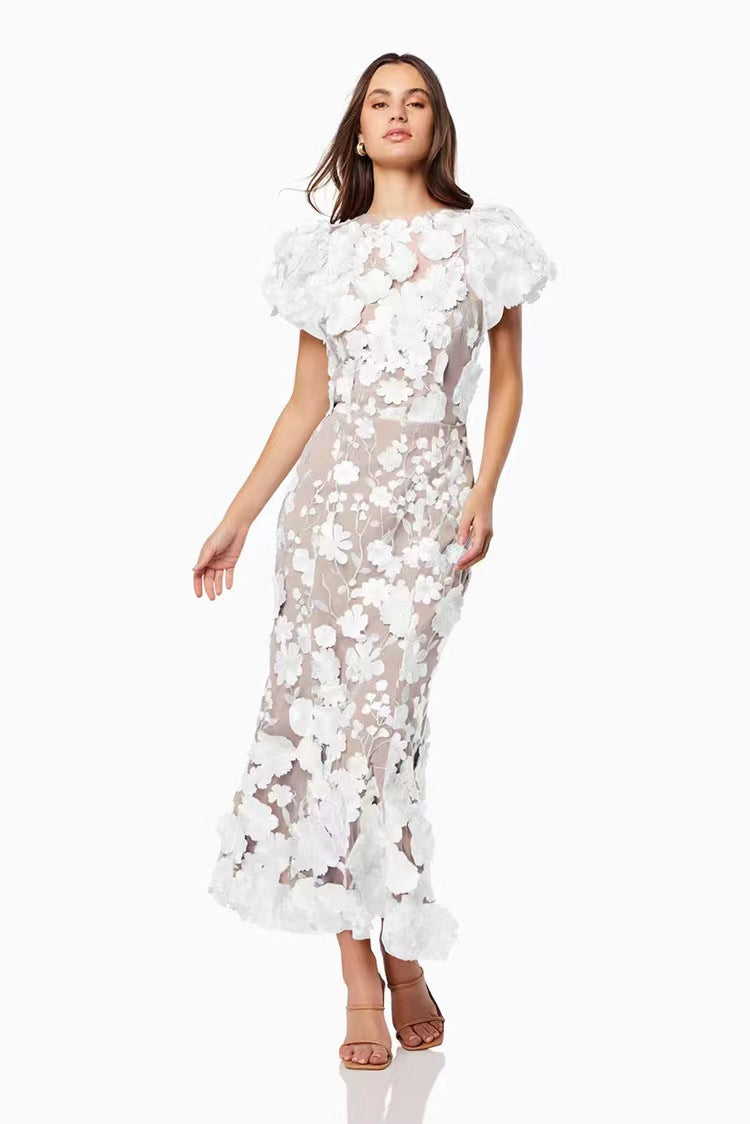 Women's Floral Dress with 3D Flower Appliqués