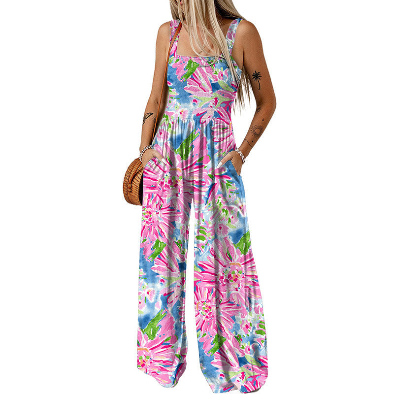 Women's Airy Floral Print Maxi Jumpsuit with Pockets