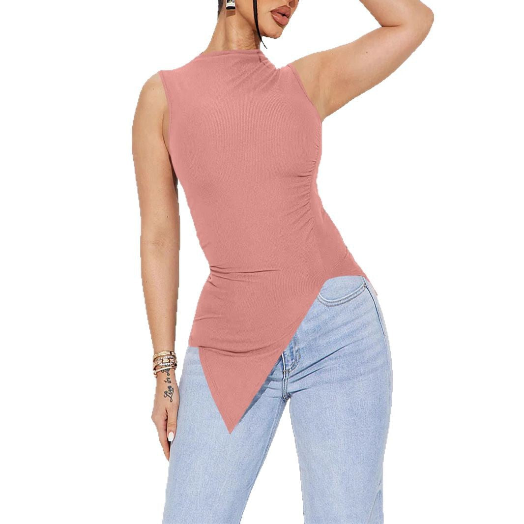 Women's Sleeveless Top with Asymmetrical Hem and Ruching