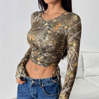 Women's Form-Fitting Long Sleeve Shirt with Ruching and Camouflage Design