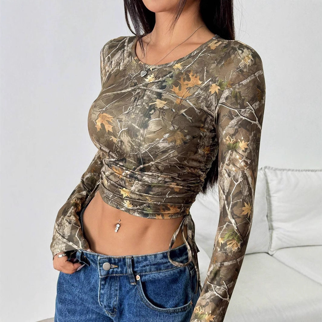 Women's Form-Fitting Long Sleeve Shirt with Ruching and Camouflage Design
