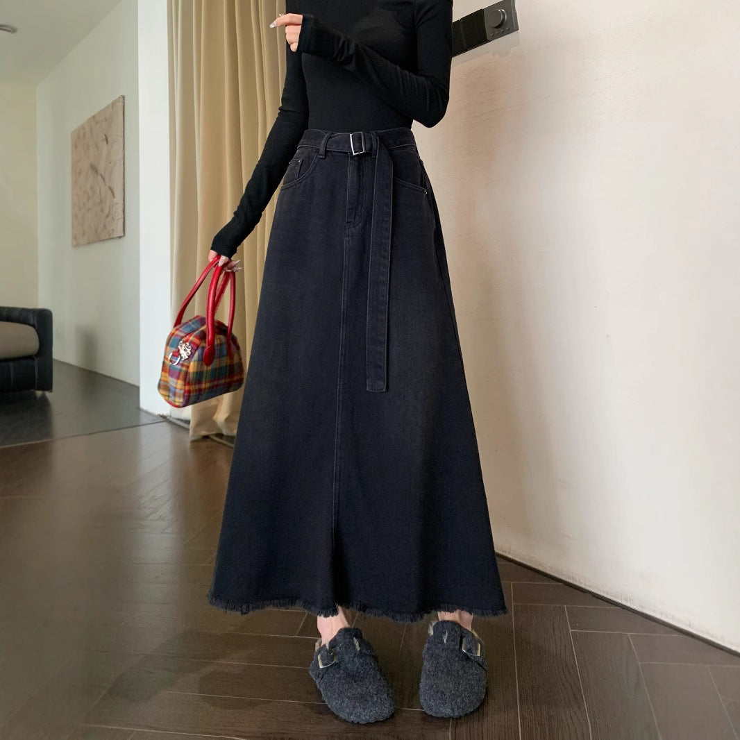 Women's Maxi Skirt with Casual Belt and Frayed Hem