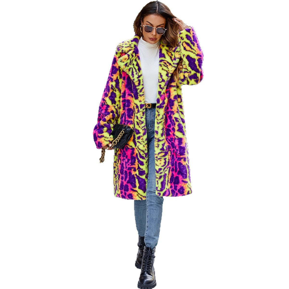 Women's Fluffy Faux Fur Coat in Vibrant Pattern