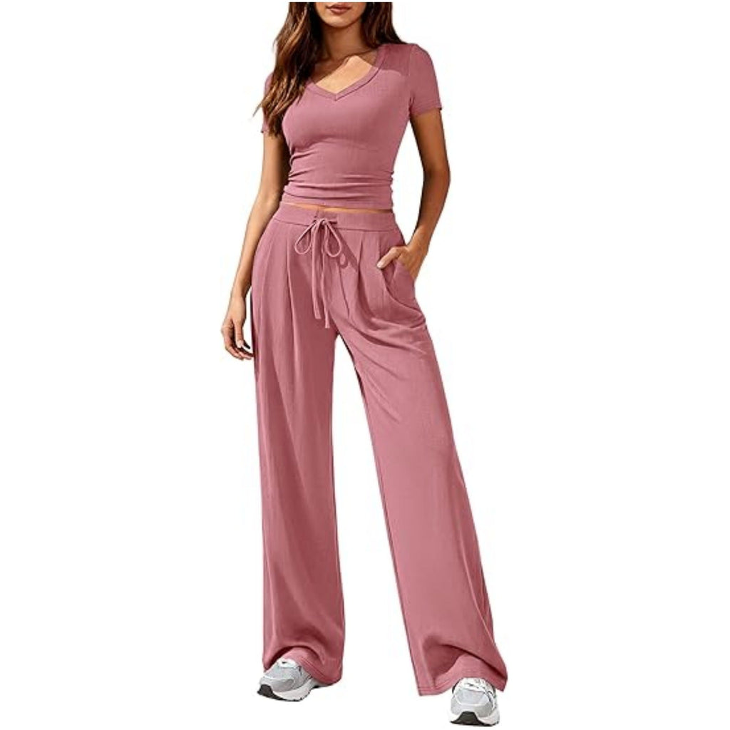 Ladies Casual Lounge Set with Tailored V-Neck Cropped Top and Loose Drawstring Pants