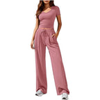Ladies Casual Lounge Set with Tailored V-Neck Cropped Top and Loose Drawstring Pants