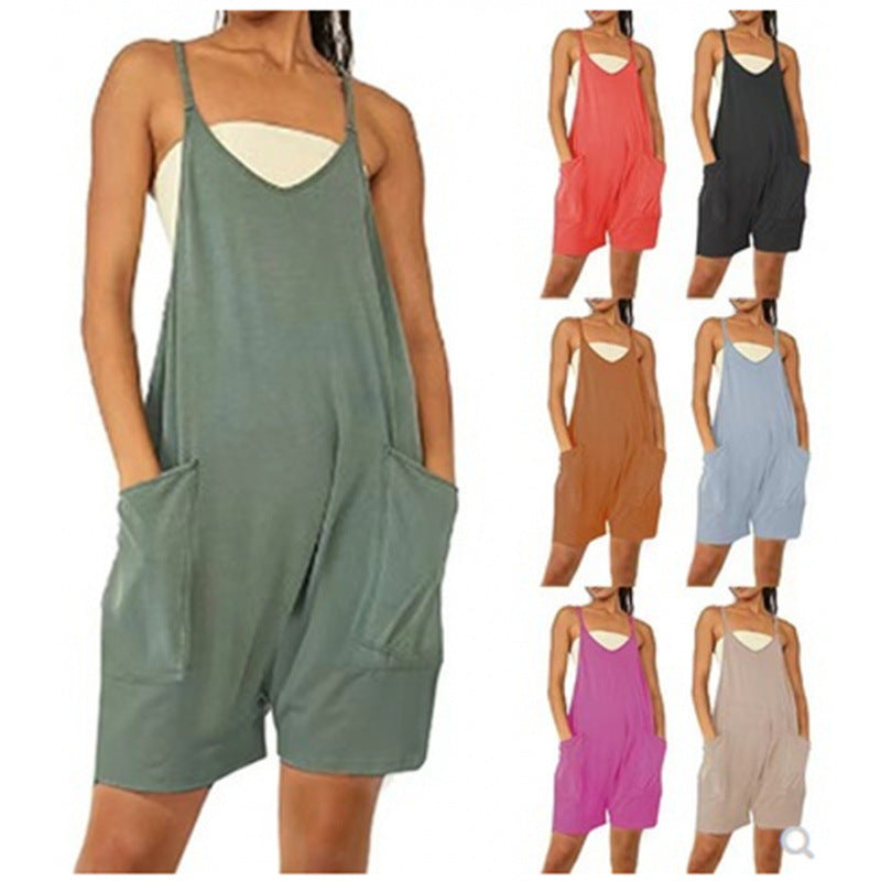 Women's Casual Jumpsuit with Deep Neckline and Practical Pockets